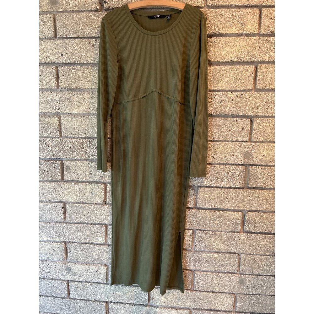 Vero Moda Maternity Olive Green Ribbed Long Sleeve Midi Dress With Side Slit - S